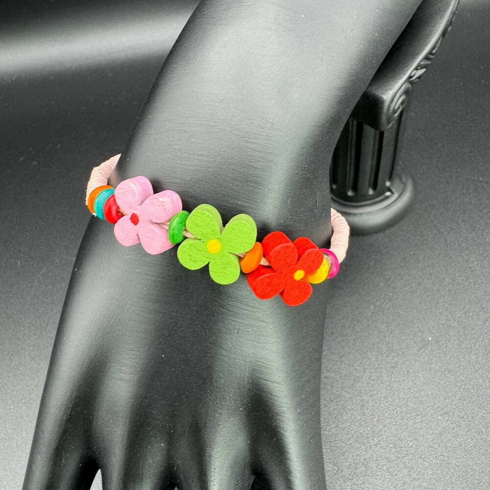 New Girls Multicolored Wood Flower Beads Adjustable Twine Friendship Bracelet